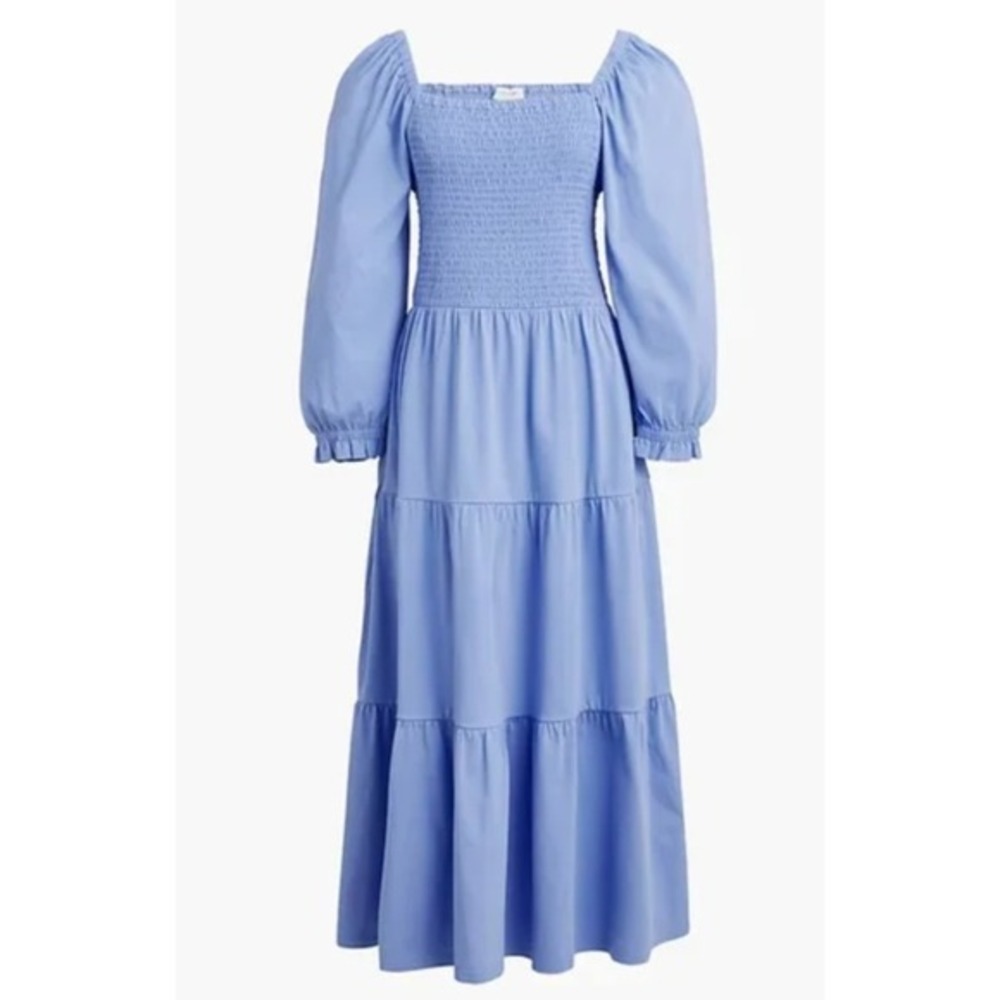 J.Crew Smocked Cotton Midi Dress XL Blue Long Sleeve Square Neck Cottagecore
